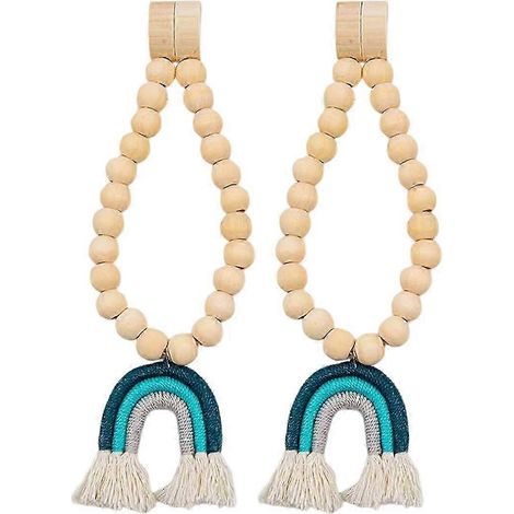 Ensemble de 2 embrasses de rideaux perlées avec pompons arc-en-ciel et cordons de rideaux en perles de bois, attaches de rideaux de style champêtre compatibles avec Drape C (1/5)