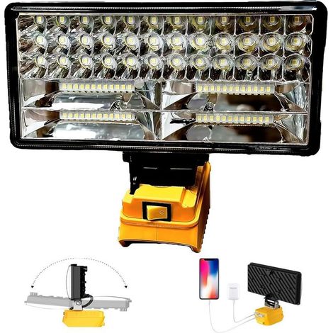 Lampe de travail LED sans fil pour batterie Dewalt 18 V, 90 W 6800 ml, large faisceau avec deux ports de charge USB, lumière LED pour urgence, atelier, garage (sans batterie) [Classe énergétique A+++] (1/5)