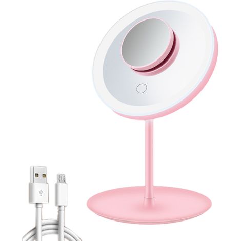 Miroir de maquillage LED avec 3 modes d'éclairage de couleur, miroir grossissant 5x amovible, chargement USB et plateau de rangement. (1/5)