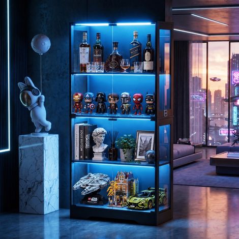 JOOKGBD-Vitrine mit LED Beleuchtung und Glastüren,Glasvitrine,Sammlervitrine, Vitrinenschrank mit Intelligente Sensorik, 4-Lagen Glasvitrine Staubdicht für Wohnzimmer Schlafzimmer Büro,Schwarz