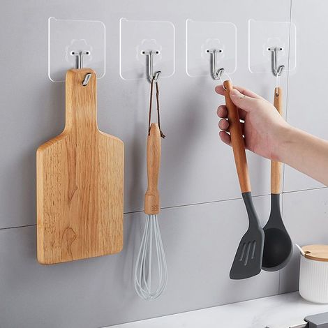 Lot de 10 crochets adhésifs transparents, réutilisables et sans couture, épais, pour la cuisine ou la salle de douche. (1/5)