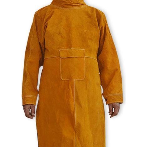 1 Delantal de soldadura ignífugo de piel de vacuno, abrigo largo, ropa de protección, traje de soldador, piel duradera, protección adicional, 105 cm (amarillo) (1/4)