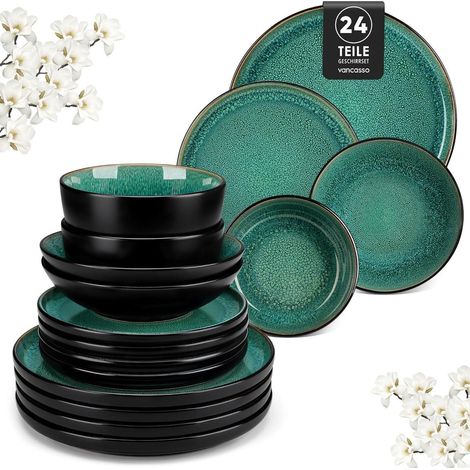 Geschirrset Steingut 6 Personen Spülmaschinenfest 24 Teile Set Grün (1/5)