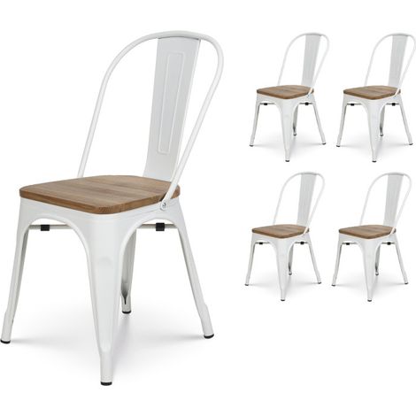 Set di 4 sedie in metallo bianco opaco con seduta in legno chiaro - Stile industriale