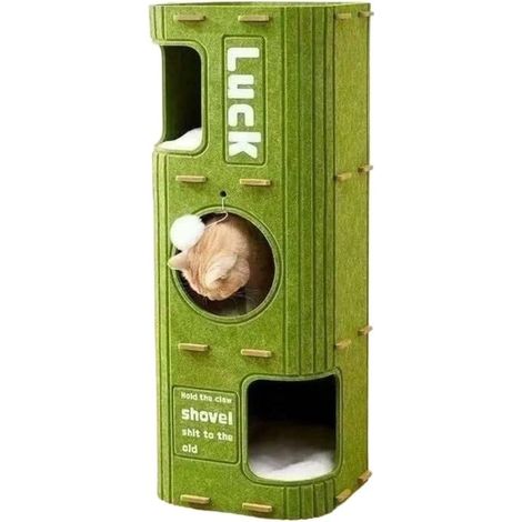 Maison pour chat en feutre triple couche avec tunnel fermé et lit, double entrée, 3 coussins et pompons suspendus, abri confortable pour chat, vert (1/5)