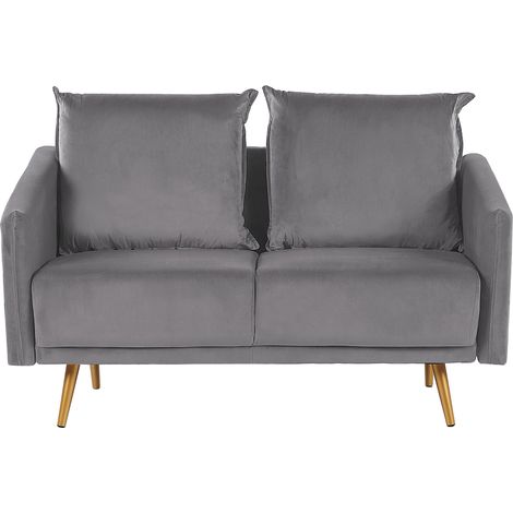 Sofá tapizado en terciopelo gris 2 plazas respaldo acolchado asiento metal patas doradas retro glam Maura
