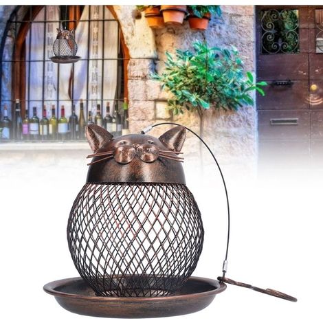 Distributeur de Graines pour Oiseaux en Fer Forgé Style Chat Vintage, Mangeoire Extérieure avec Grille Métallique, Décor de Cour et Jardin 17x16cm (1/5)