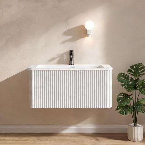 Meuble sous vasque 80 cm avec vasque en résine minérale blanc (1/5)