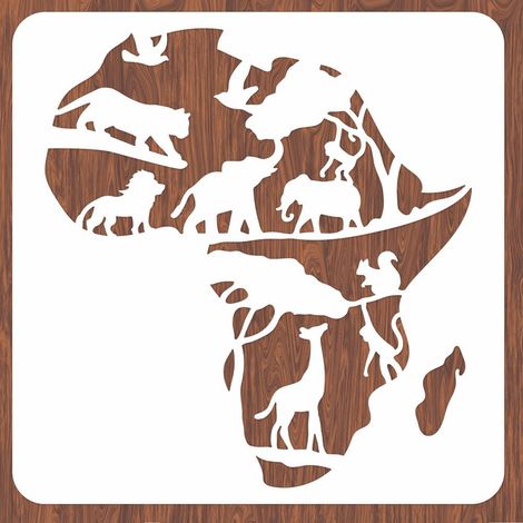 Pochoir mural réutilisable en forme de carte de l'Afrique avec motif animaux, éléphant, lion, forêt, 30 x 29 cm (1/5)