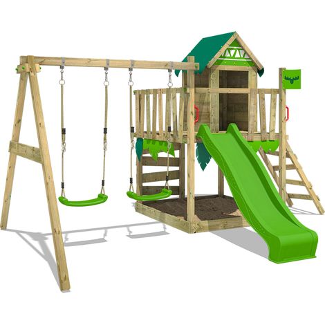 FATMOOSE Parco giochi in legno JazzyJungle Giochi da giardino con altalena e scivolo Casetta da gioco per l'arrampicata con sabbiera e scala di risalita per bambini - verde mela (1/5)