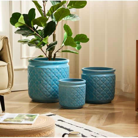 3er-Set Blumentöpfe Ø 38.1/30.5/22.9 cm Antikblau Keramik mit Ablaufloch (1/5)