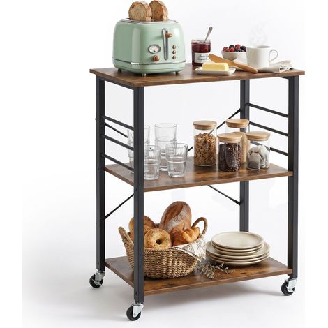 Carro de cocina Relaxdays, 3 niveles, 6 ganchos, metal, ruedas, Cocina, hogar y oficina, HBT: 89x60x40 cm, marrón-negro