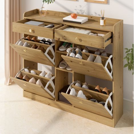 Schuhschrank 110x26x100 cm Natur Holzwerkstoff mit 4 Klapptüren, 2 Schubladen und 3 offenen Fächern (1/5)