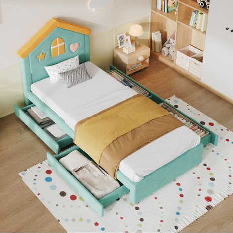 Cama infantil 90/200 cm azul verde de terciopelo con cabecero casita y 4 cajones (1/5)