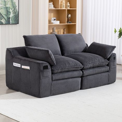 Divano 2 posti in velluto a coste grigio scuro 191x94x85 cm con tasche laterali e cuscini
