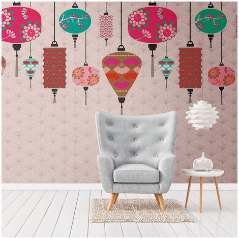 Photo wallpaper Profhome 382481 hot embossed non-woven wallpaper smooth with Asian pattern matt pink turquoise grey brown 1.59 m x 2.8 m (1/4)