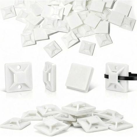 100Pcs Embase Colson, Attache Cable Adhesif 40mm×40mm, Fixation Cable Electrique Auto-Adhesif, Serre Cable Plastique pour Gestion Câble PC, Maison et Bureau. (1/5)
