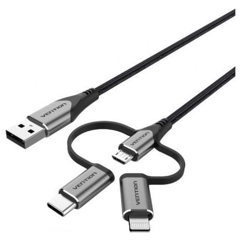 Vention USB 2.0 A Male to 3-in-1 Micro-B&USB-C&Lightning Male Cable 1M Gray Aluminum Alloy Type