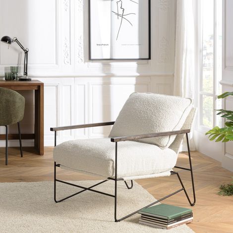GASTON - Fauteuil tissu bouclette 1 coussin couleur blanc (1/5)