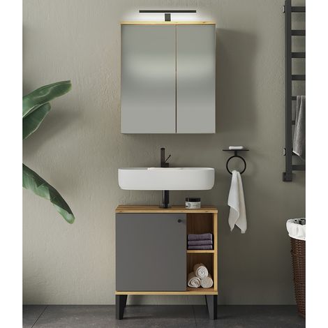Waschplatz-Set 2-teilig mit Waschbeckenunterschrank 60 cm, LED-Spiegelschrank, in Eiche mit grau OLEAN-61 (1/5)