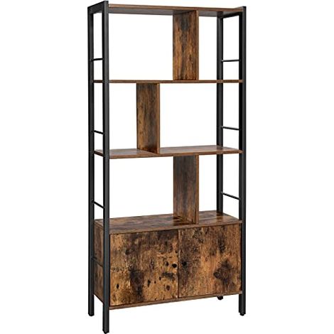 Bibliothèque, étagère de rangement, grande bibliothèque avec portes, 4 étagères, structure en acier stable, style industriel, pour salon, bureau, marron rustique et noir LBC022B01 (1/5)