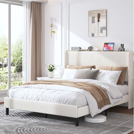 Doppelbett 160x200 cm beige, gepolstertes Kopfteil, Metallrahmen, ohne Matratze MEUBLIV (1/5)