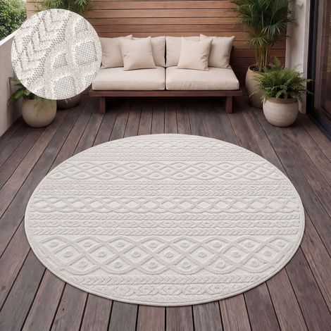 Paco Home Outdoor Teppich Wetterfest Balkon Wohnzimmer Skandinavisches Boho Einfarbig 160 cm Rund, Creme 4