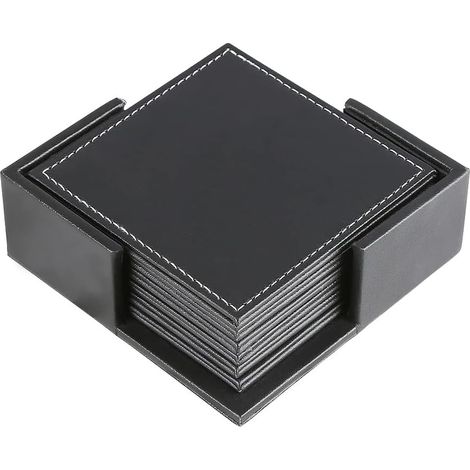 Lot de 6 sous verres en cuir noir avec support de rangement (1/5)