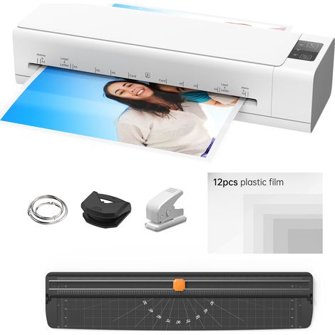 Ensemble de laminoir de bureau A3 multifonction laminage à chaud et à froid système à 2 rouleaux largeur max 32 cm avec massicot arrondisseur perforatrice reliure anneaux pour pochettes A3 A4 A5 A6 fo