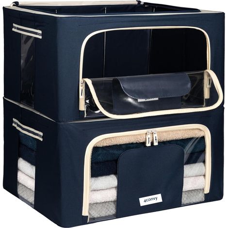 Sacs de Rangement pour Vêtements avec Fermeture Éclair et Cadre en Métal - Housse de Rangement pour Couette, Draps - Boîtes de Rangement pour Vêtements Empilables, Robustes et Stables - 2x24L (1/5)