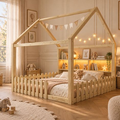 Lit au Sol Enfant 140 x 190 cm avec Barrières, Éclairage LED, Niches de Rangement Ouvertes et Structure Cabane en Bois de Pin, Couleur bois (1/5)