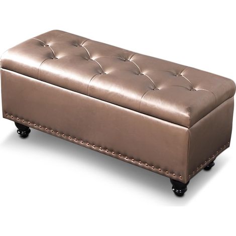 Pouf de Rangement avec revêtement en Simili Cuir, Repose-Pieds pour Chambre à Coucher, Banc, Tabouret de Salon, canapé avec Structure et Pieds en Bois (Champagne) (1/5)