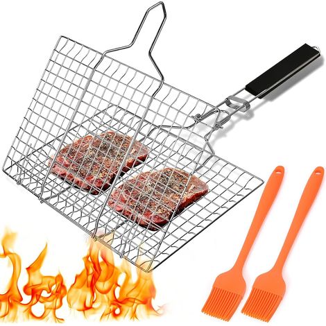 Fischbratkorb mit 2 Bürsten, faltbarer Grillkorb mit Griff, Grillkorb aus Edelstahl für Outdoor-Aktivitäten, Camping und Grillen