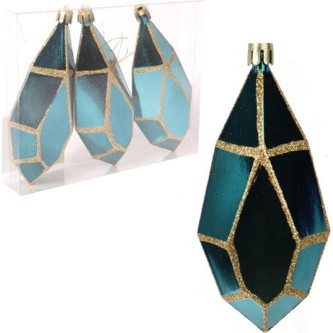 Set di 3 palline di plastica a forma di diamante, color turchese con glitter dorati, 13 cm (1/5)