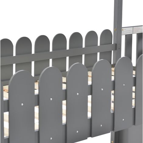 Kinder-Hausbett mit Treppe, 2 Schubladen und Schutzgitter, Kiefernholz, Grau, 200 x 90 cm (1/2)