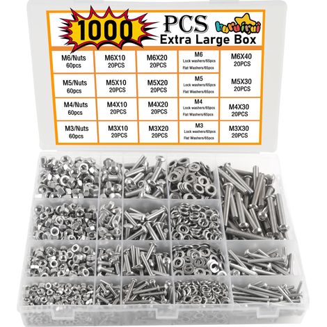 1000pcs M3 M4 M5 M6Jeu de Vis et écrous Vis Boulon et écrous à Tete Cylindrique 304 Visserie Inox Assortiment Ecrous et Boulons Rondelles Kit pour Réparation Bricolage Mécanique (1/5)