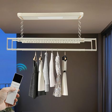 Elektrischer Wäscheständer Deckenmontage, Hebender Wäascheständer Decke mit Fernbedienung + LED-Beleuchtung, Kleiderstange 130-215 cm Einstellbare, 20m Fernbedienung (1/5)