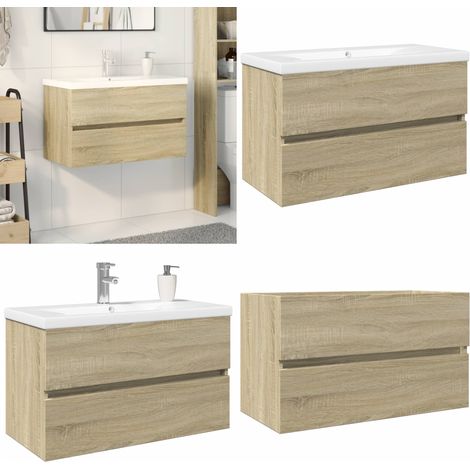 Ensemble de meubles de bain 2pcs céramique et bois d'ingénierie - Meuble De Salle De Bain - Meuble Vasque - Armoire Salle De Bain - Rangement Salle De Bain - Évier Céramique - Home & Living