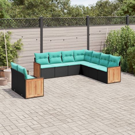 9-teiliges Gartensofa-Set mit Kissen, schwarzes Polyrattan (1/5)