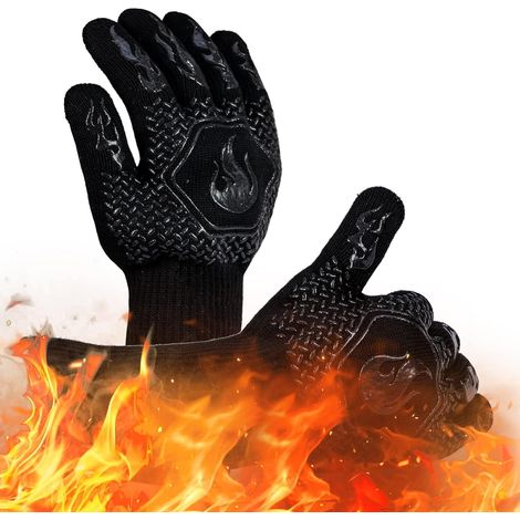 Schwarze, feuerfeste Grillhandschuhe, 32 x 17 x 1,5 cm, beidseitig schnittfest, hitzebeständig, rutschfest, sichere Küchenhandschuhe. (1/5)