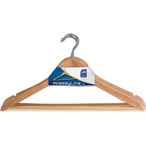 Satz aus 6 lackierten Holzkleiderbügeln mit Kurvenform – mit Kerben + Stange – Mondex