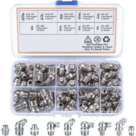 60 engrasadores roscados, surtido XU, M6, M8, M10, rectos, 45°, 90° y 180°, con estuche de plástico, para equipos mecánicos - KZQ (1/4)