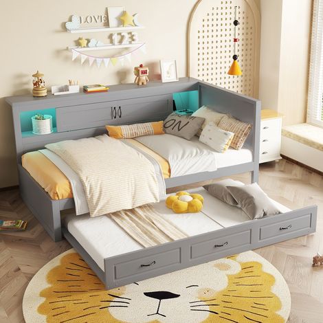 Tagesbett 90×200 cm, Einzelbett mit Ausziehbett, LED und Steckdosen mit USB, ohne Matratze, Grau