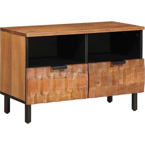 Meuble TV rectangulaire moderne avec tiroirs et étagères 70 x 33 x 46 cm en bois de manguier brun