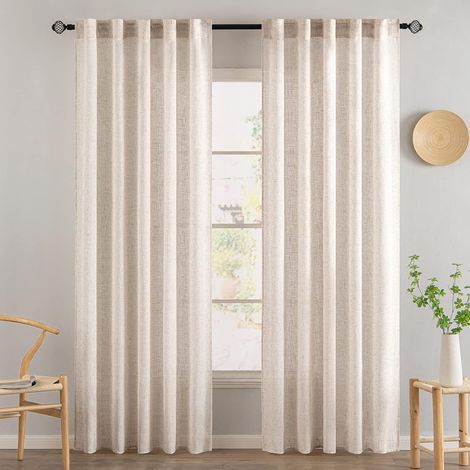 Rideaux prêts à poser - 2 pièces - 127 x 214 cm - Lin - Voilages - Pour chambres et salons - Beige (1/5)
