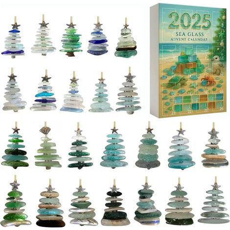 Calendrier de l'Avent en verre de mer 2025 – 24 jours de décorations de Noël uniques – Ornements faits main en verre de mer naturel – Décor de Noël côtier (1/5)