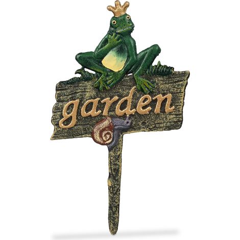 Relaxdays Gartenstecker Gusseisen, Steckschild mit garden-Schriftzug, Froschkönig & Schnecke, HxB 27,5 x 15,5 cm, bunt