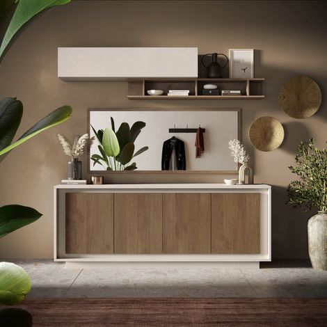Buffet bas contemporain 4 portes beige et noyer YORI (1/5)