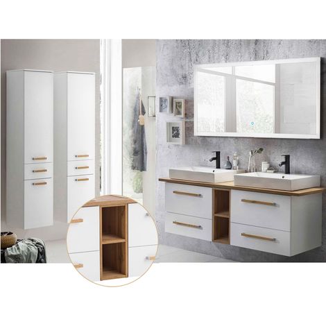 Badmöbel Set mit Doppel-Waschtisch & LED-Spiegel DABO-04 in weiß mit Landhaus Eiche, B/H/T ca. 250/200/50 cm (1/5)