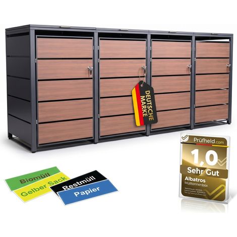 Mülltonnenbox 4er Holzdekor, 120L bis 240L, für Vier Tonnen, Mülltonnenverkleidung aus verzinktem Metall mit Holzdekor-Fron (1/5)